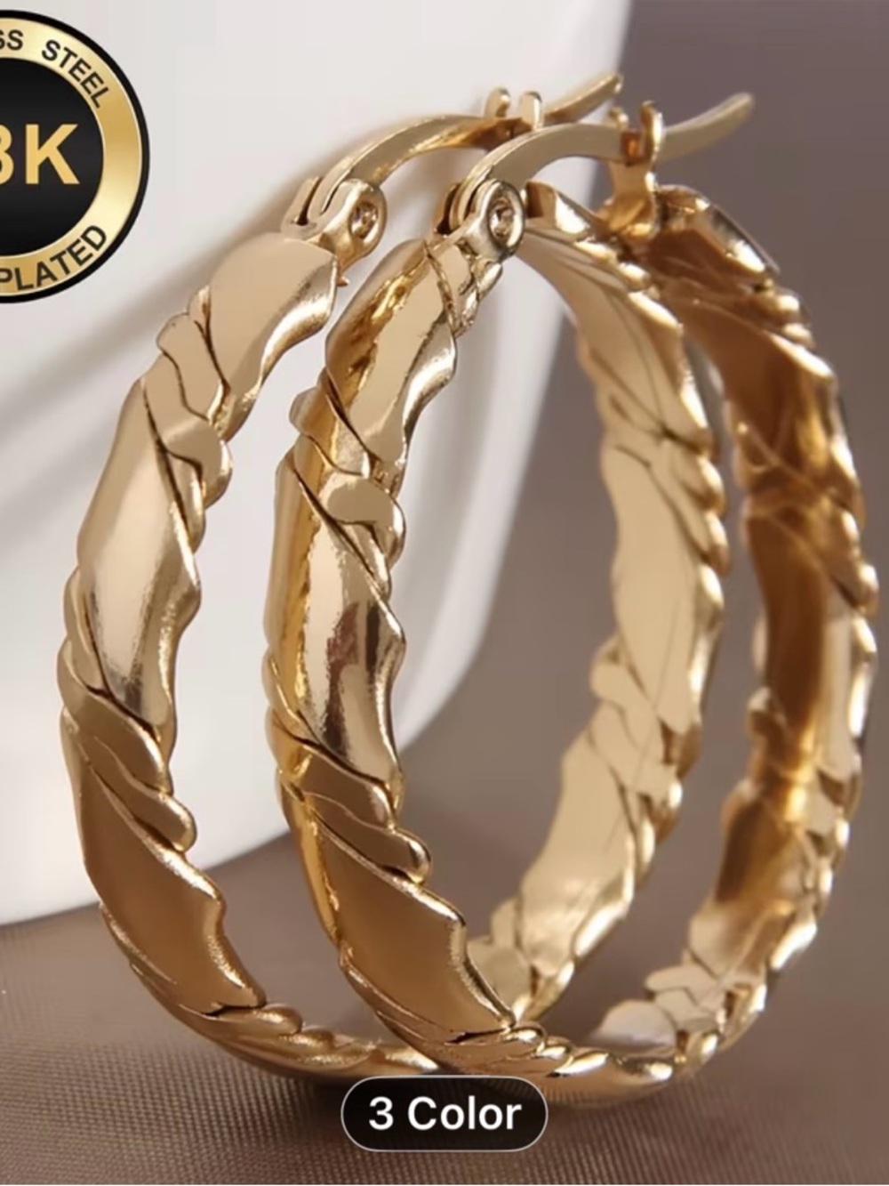 18K Gold-Plated Stainless Steel Twisted Hoop Earrings - Golden - Picture 5 of 9
